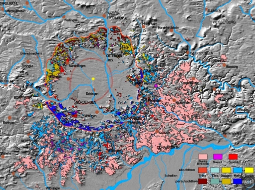 Simplified geological map of Nordlinger-Ries Impact STructure, bavaria, Note distribution of the Bunte Breccia to the SW