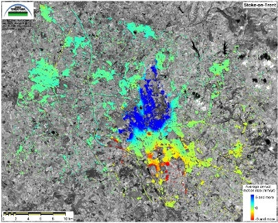 Figure 7: Stoke-on-Trent map of PS points colour-coded to show subsidence (red) and uplift (blue) in relation to a reference point.