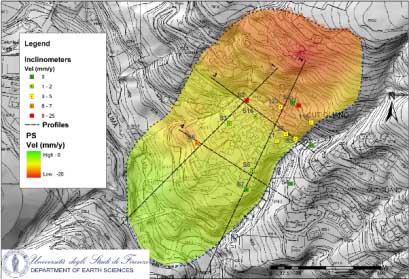 Figure 4. Velocity map obtained from the interpolation of the PSI measurements compared to in situ data. Readings courtesy, University of Florence.