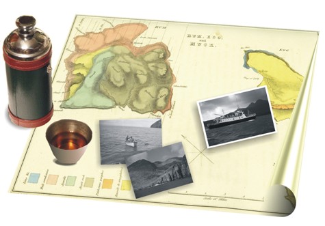 Figure 1 The map produced by MacCulloch in 1815 clearly shows the main geological features of Rum. The photos show fishing off Rum 1954; Dibidil in 1954; and the Small Isles wooden ferry Loch Arkaig 1975 which later sank in Mallaig harbour.