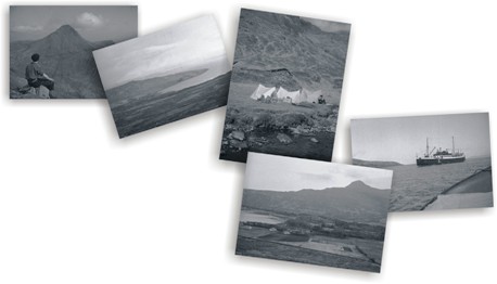 Figure 2 Selection of photos by Henry Emeleus from a visit in 1954. Askival from Sgurr nan Gillean (C J Hughes in foreground), Kinloch from Coire Dubh path, camp at Dibidil, Kinloch from north side with Hallival in background, MV Lochmor