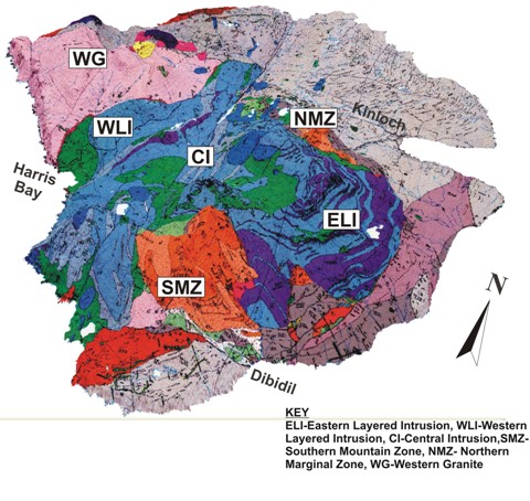 Figure 4 A modern view of Rum geology. The 1997 map by Emeleus, draped over a digital elevation model of the island.