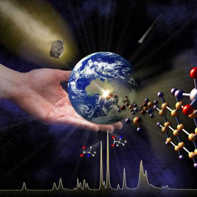 Asteroids delivering amino acids to Earth. The jagged white line at the bottom of the image is actual data from the analysis of the Murchison meteorite. The two largest peaks are the amounts of right-handed and left-handed versions of the amino acid.